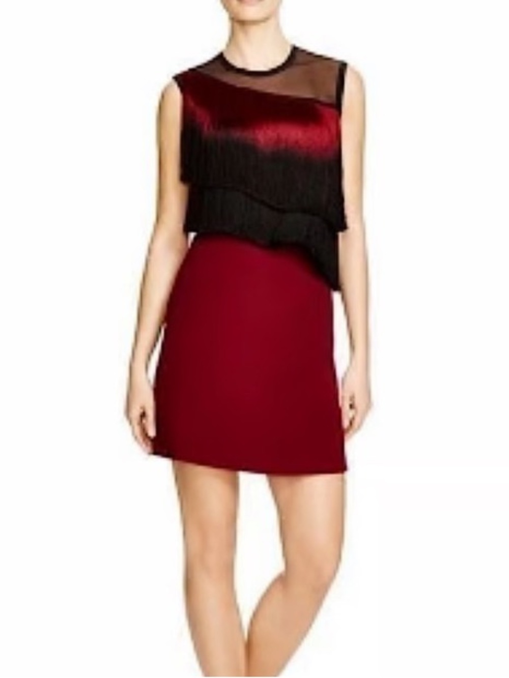 Sandro Ringo Black and Burgundy Maroon Tassel Fringe Cocktail Flapper Dress US 4